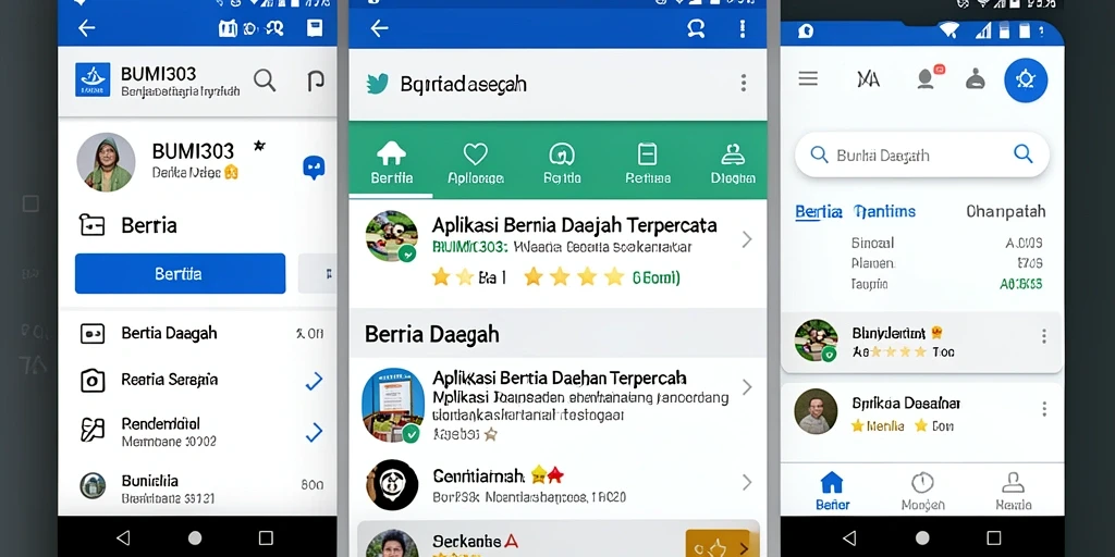 Antarmuka aplikasi BUMI303 menampilkan berita daerah terkini dengan jelas.